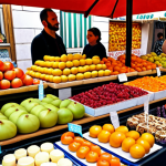 A vibrant local market scene in Barcelona, Spain, overflowing with colorful fruits, artisanal cheeses, and traditional sweets. Children are sampling various treats and interacting with vendors.