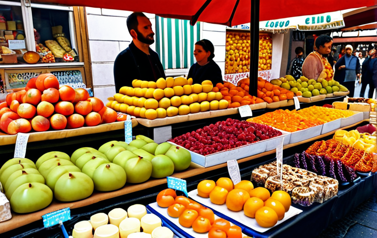 A vibrant local market scene in Barcelona, Spain, overflowing with colorful fruits, artisanal cheeses, and traditional sweets. Children are sampling various treats and interacting with vendors.