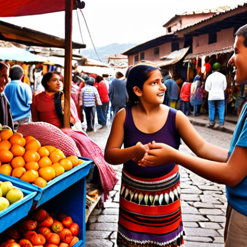 Home 7 A diverse family (parents and two children, approximately 8 and 12 years old) actively engaged in a bustling, vibrant market in a Latin American city, reminiscent of Cusco or Oaxaca. One child, with a curious and determined expression, is attempting to order something or ask a question from a friendly local vendor, possibly using simple Spanish phrases and gestures. The market is filled with colorful textiles, fresh exotic fruits, and traditional crafts. The scene emphasizes cultural immersion, hands-on learning, and the joy of communication beyond words, with warm, inviting light. High resolution, realistic photo.