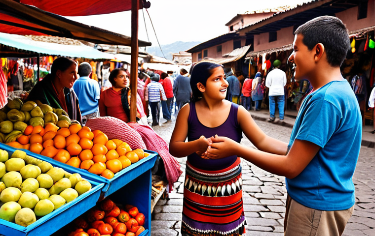 A diverse family (parents and two children, approximately 8 and 12 years old) actively engaged in a bustling, vibrant market in a Latin American city, reminiscent of Cusco or Oaxaca. One child, with a curious and determined expression, is attempting to order something or ask a question from a friendly local vendor, possibly using simple Spanish phrases and gestures. The market is filled with colorful textiles, fresh exotic fruits, and traditional crafts. The scene emphasizes cultural immersion, hands-on learning, and the joy of communication beyond words, with warm, inviting light. High resolution, realistic photo.