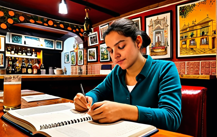 Cultural Immersion in Spain**

A student fully clothed in appropriate attire, sketches in a travel journal at a vibrant tapas bar in Seville, Spain. The bar is filled with locals, enjoying food and conversation.  Professional quality, perfect anatomy, correct proportions, natural pose, safe for work, appropriate content, professional, modest, family-friendly.

**