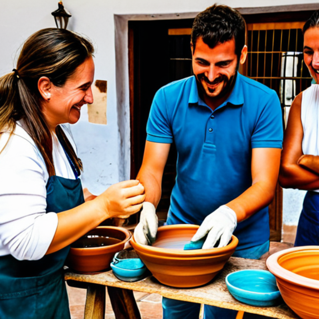 학습 중심 여행의 성공 사례 분석 - "A group of fully clothed tourists participates in a pottery workshop in a traditional Andalusian vi...