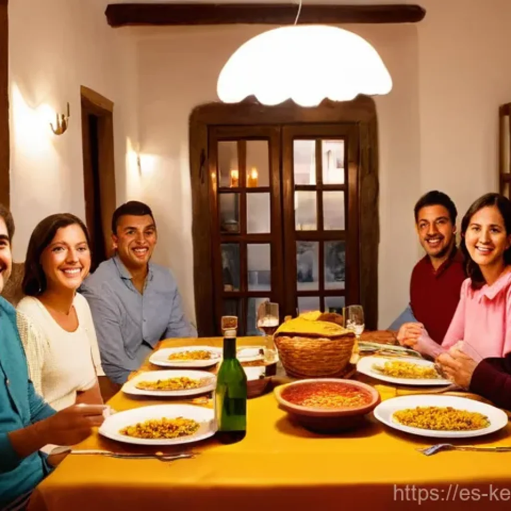 학습 중심 여행에 적합한 숙소 추천 - **Prompt:** A heartwarming and authentic evening dinner scene inside a traditional Spanish home in a...