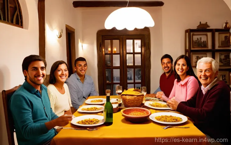 학습 중심 여행에 적합한 숙소 추천 - **Prompt:** A heartwarming and authentic evening dinner scene inside a traditional Spanish home in a...