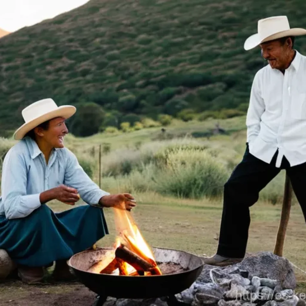 여행 중 공동체와의 협력적 학습 - **Prompt:** A cozy, rustic outdoor scene in the vast Patagonian landscape. An authentic Argentinian ...