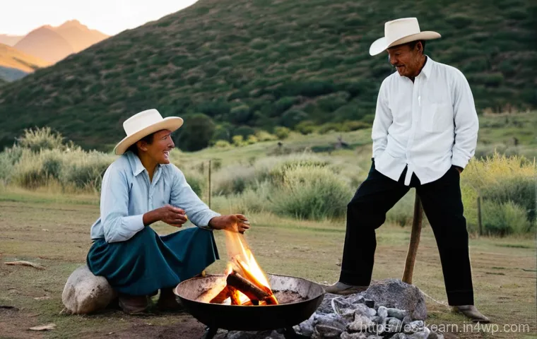 여행 중 공동체와의 협력적 학습 - **Prompt:** A cozy, rustic outdoor scene in the vast Patagonian landscape. An authentic Argentinian ...