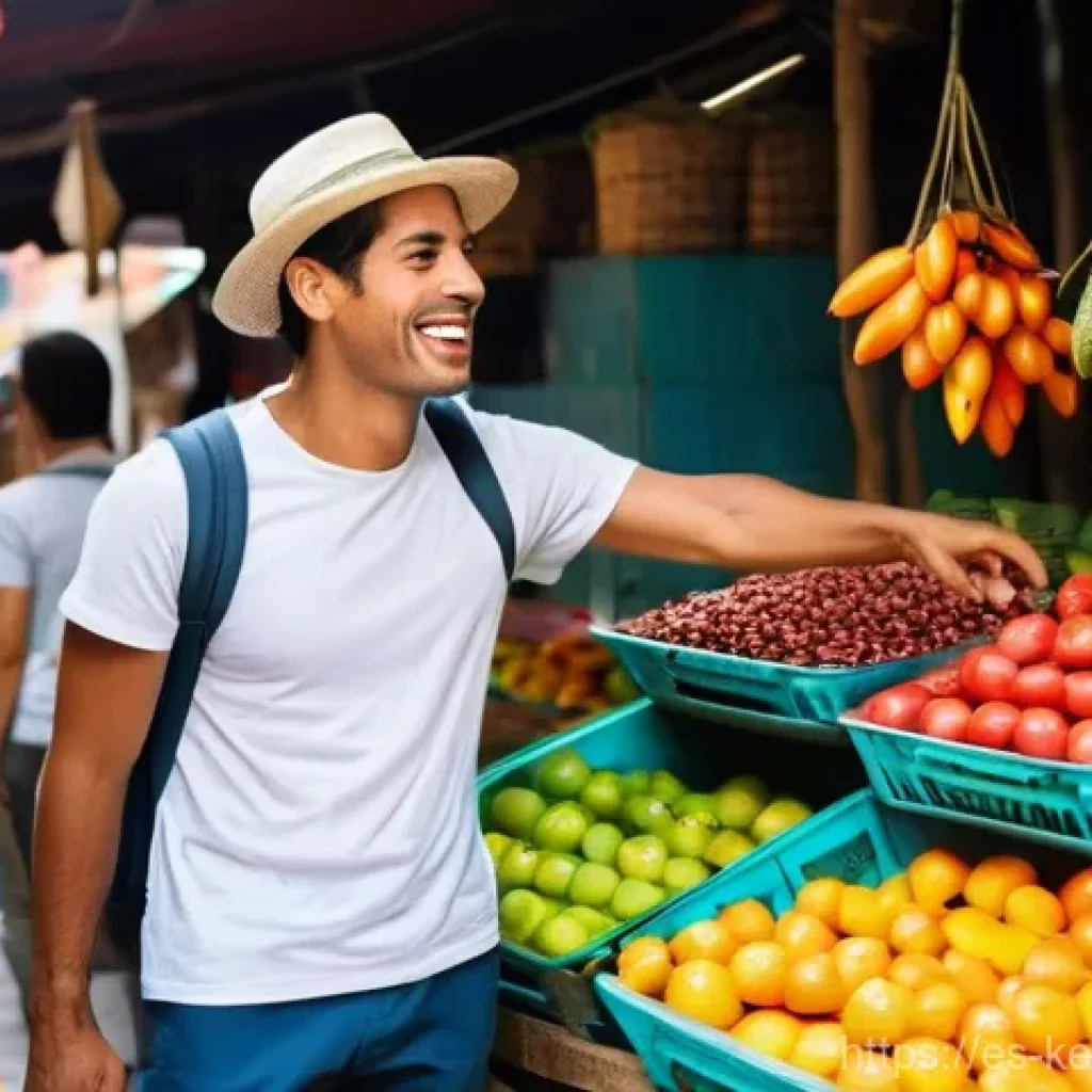여행 중 학습 리소스 효과적으로 활용하기 - A vibrant, bustling outdoor market in a colorful Latin American city. A casually dressed male travel...