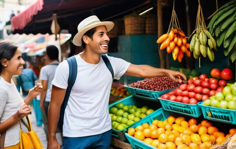 여행 중 학습 리소스 효과적으로 활용하기 - A vibrant, bustling outdoor market in a colorful Latin American city. A casually dressed male travel...