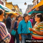 여행을 통한 비판적 사고 배양하기 - A diverse group of travelers engaging in a thoughtful conversation with local residents at a colorfu...