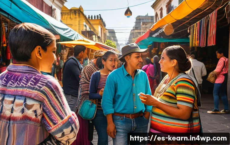 여행을 통한 비판적 사고 배양하기 - A diverse group of travelers engaging in a thoughtful conversation with local residents at a colorfu...