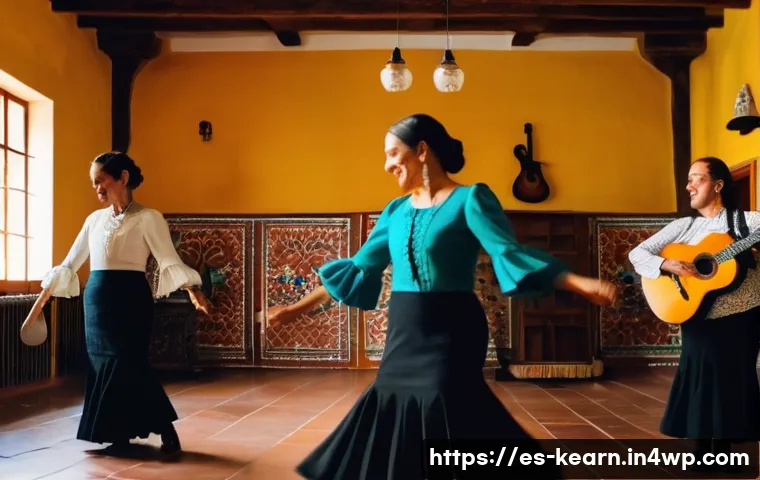학습 중심 여행의 트렌드와 전망 - A vibrant flamenco workshop scene in Seville, Spain, featuring diverse adult participants wearing tr...