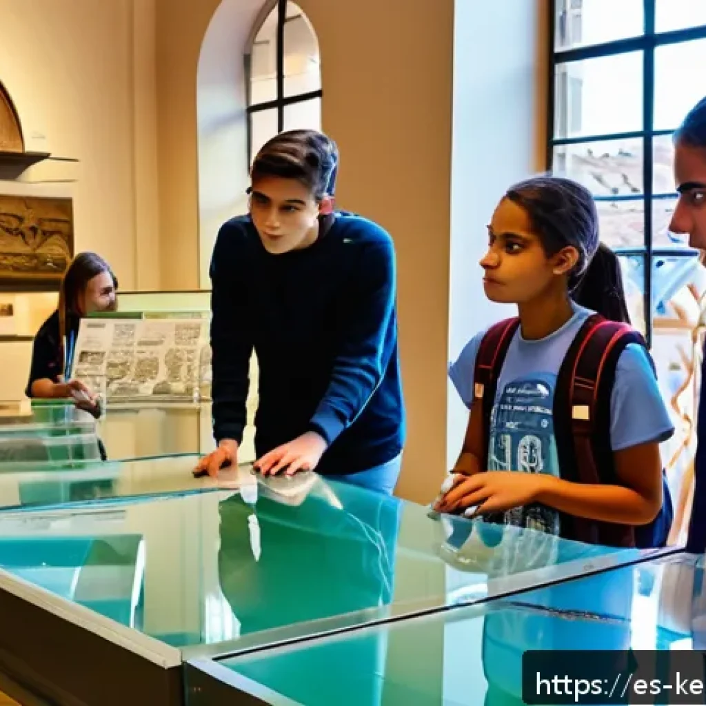 교사와 학생의 협력적 여행 계획 - A diverse group of enthusiastic secondary school students visiting a vibrant local museum in Spain, ...
