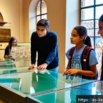 교사와 학생의 협력적 여행 계획 - A diverse group of enthusiastic secondary school students visiting a vibrant local museum in Spain, ...