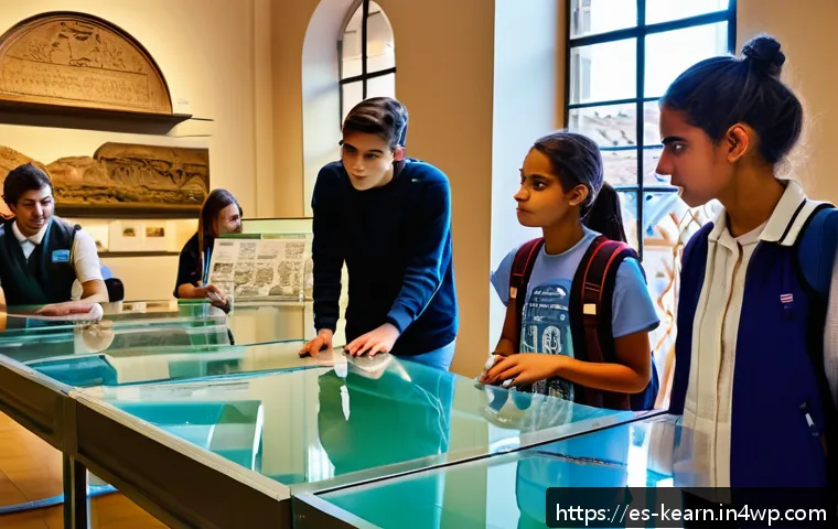 교사와 학생의 협력적 여행 계획 - A diverse group of enthusiastic secondary school students visiting a vibrant local museum in Spain, ...